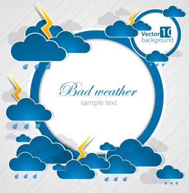 Bad weather round blank. Sky with clouds and lightnings clipart