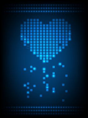 Pixel heart with glowing lights. Vector