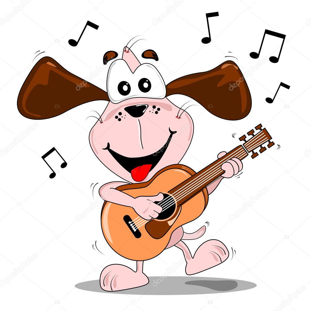 A cartoon dog a guitar