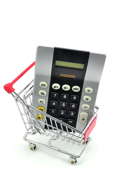 Calculator in a shopping trolley — Stock Photo, Image