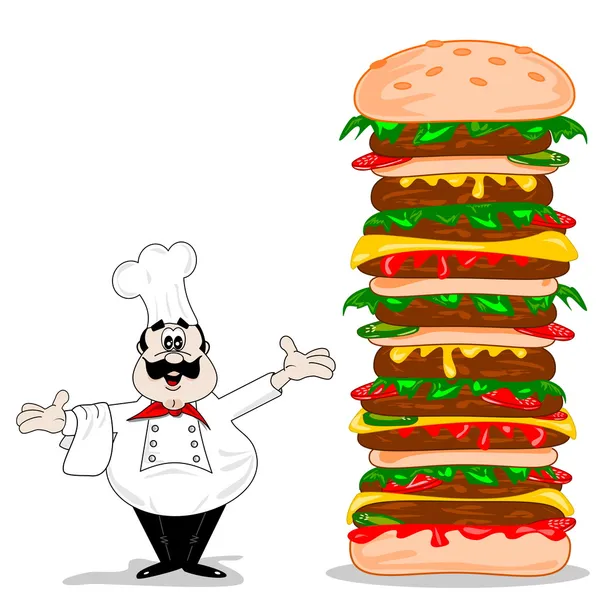 Un chef de dibujos animados con una hamburguesa gigante XXL — Vector de stock