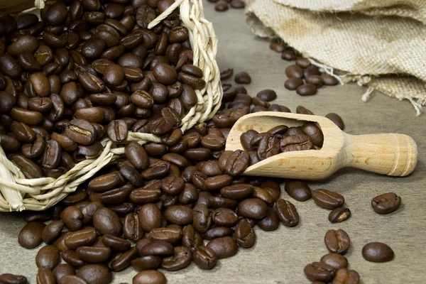 Kaffeebohnen und Schaufel — Stockfoto