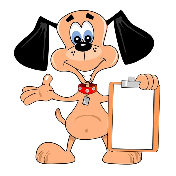Un perro de dibujos animados sosteniendo portapapeles en blanco — Vector de stock
