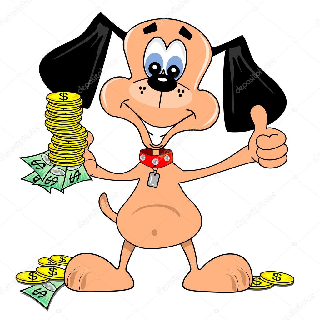 A cartoon dog with loads of dollars