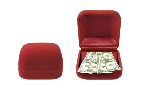Vörös Bársony doboz moneyred bársony dobozban pénz — Stock Fotó