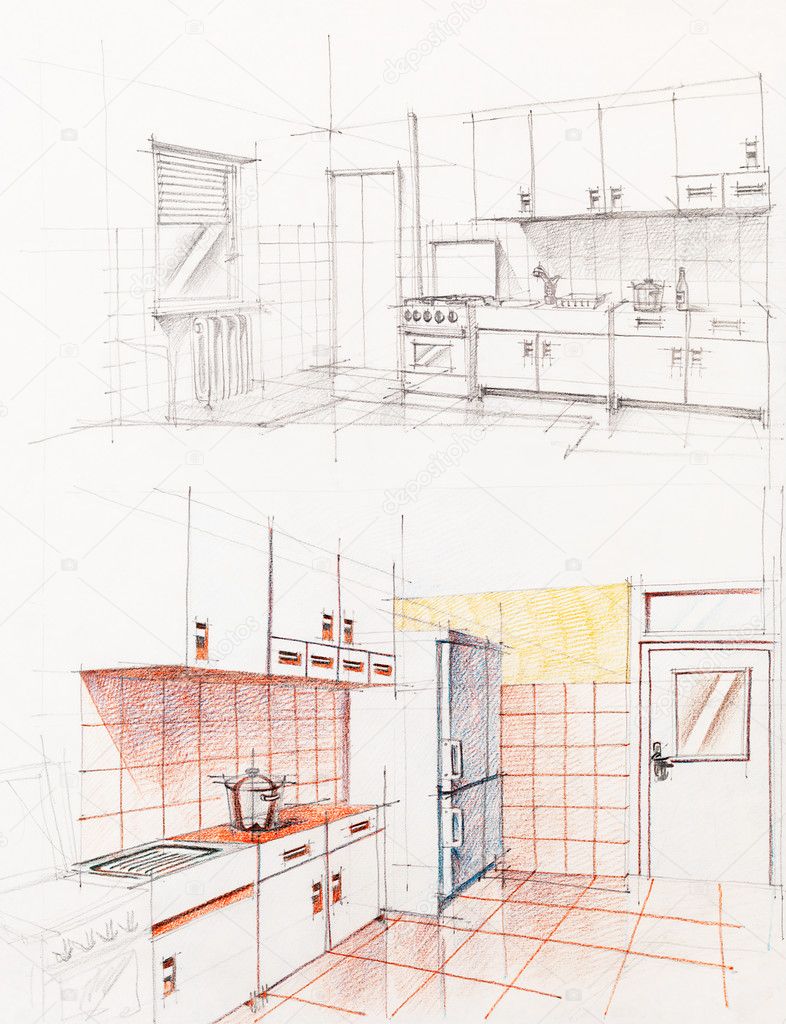 interieur getekende perspectief van appartement keuken — Stockfoto ... interieur getekende perspectief van appartement keuken — Stockfoto ...
