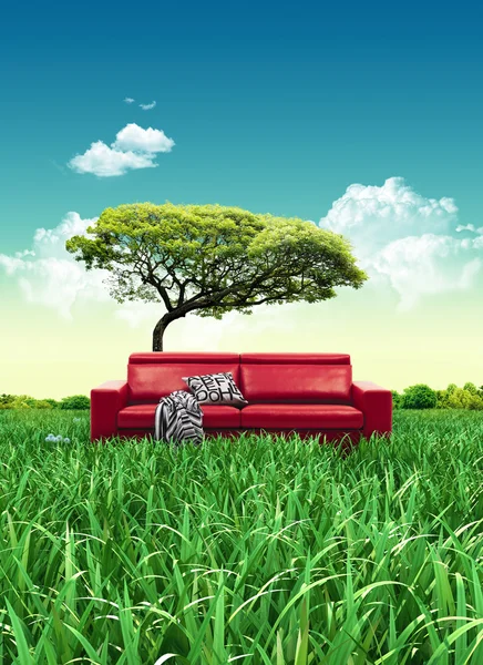 stock image Red sofa on grass field