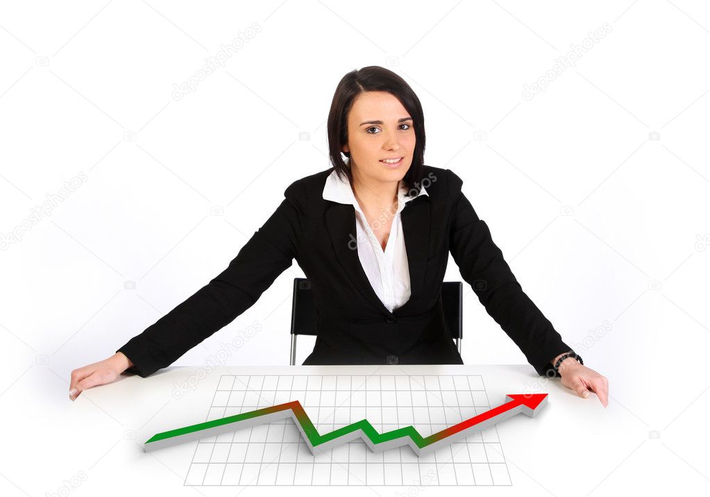 Brunette woman by white table with chart