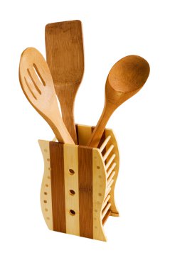 Set of kitchen utensils made of bamboo, isolated clipart