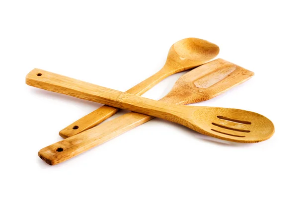 Conjunto de utensílios de cozinha feitos de bambu, isolados — Fotografia de Stock