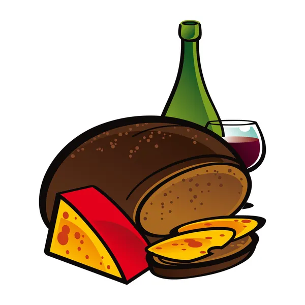 Rozs kenyér és sajt és bor — Stock Vector