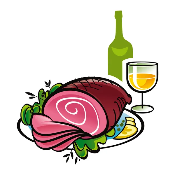 Ham en fles en glas wijn — Stockvector