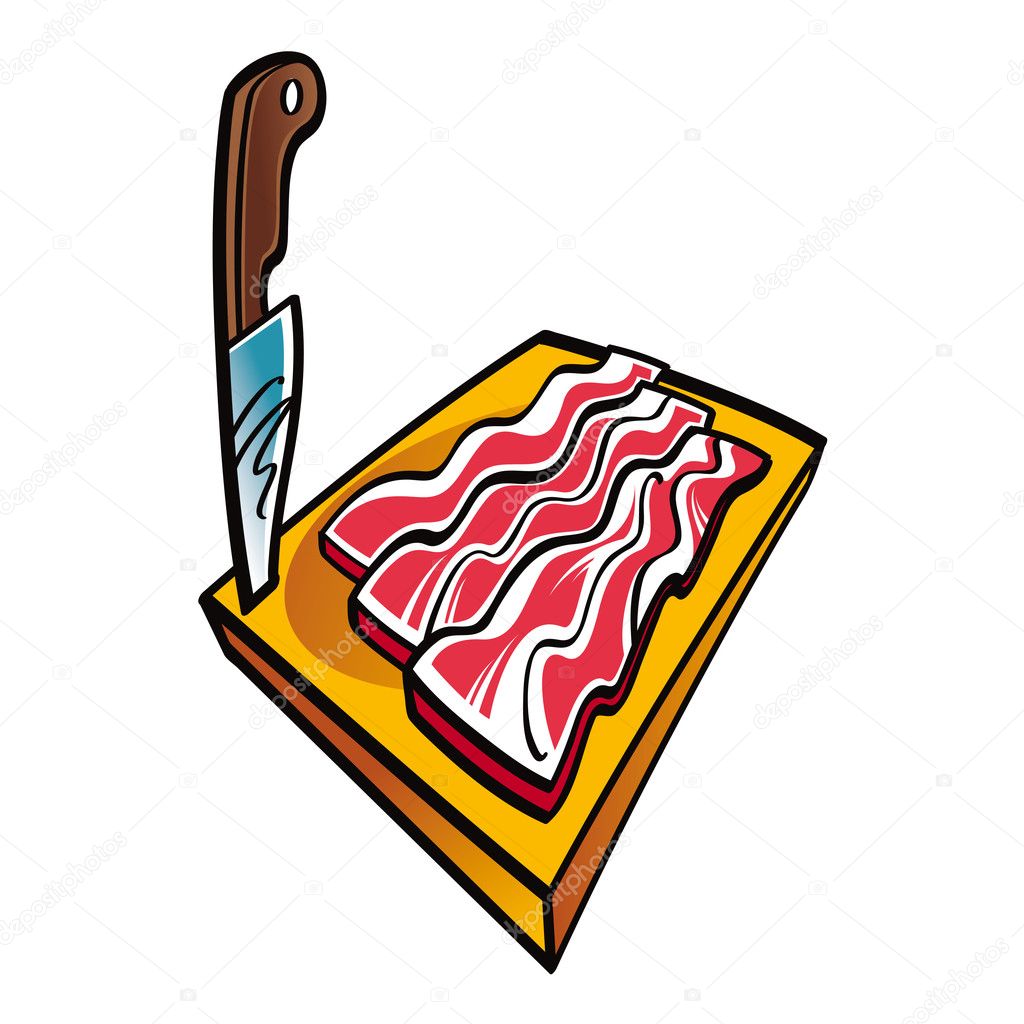 Slices of Bacon on the wooden desk and knife