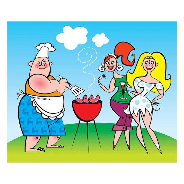 Barbecue party - cook en meisjes — Stockvector