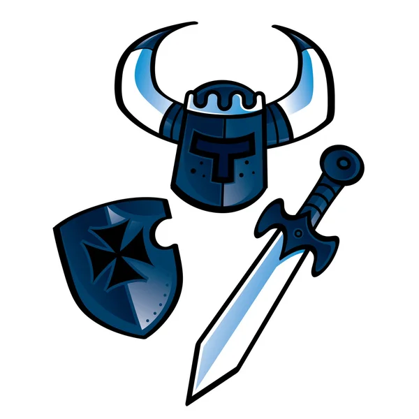 Knight ekipman kask kalkan kılıç orta yaş savaşçı — Stok Vektör
