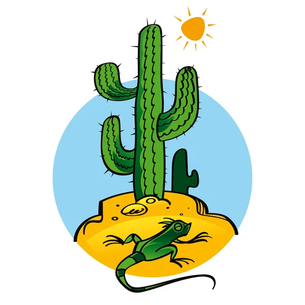 仙人掌与蜥蜴自然植物爬行动物太阳 — 图库矢量图片