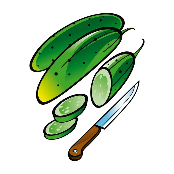 Pepino de legumes frescos suculentos com faca mercado de alimentos colheita de jardim — Vetor de Stock