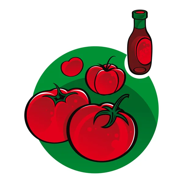 Verse sappige tomaten met fles ketchup plantaardige voedselmarkt kruid gar — Stockvector