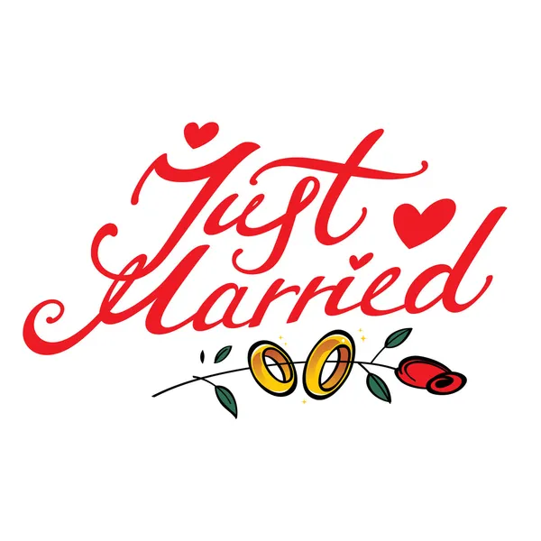 Just Married - inscripción para el evento de la postal de boda anillo de oro corazón flo — Vector de stock