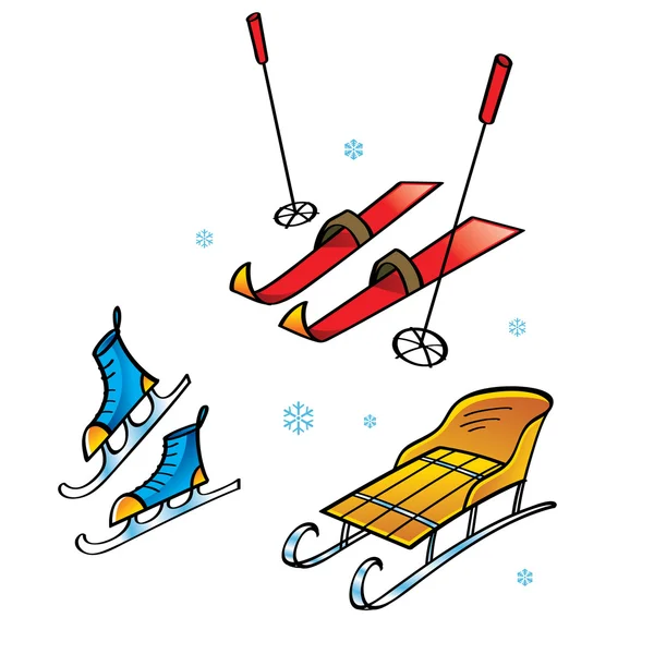 Skis Skates Sledge - winter sports and activity snow flakes — Stock Vector