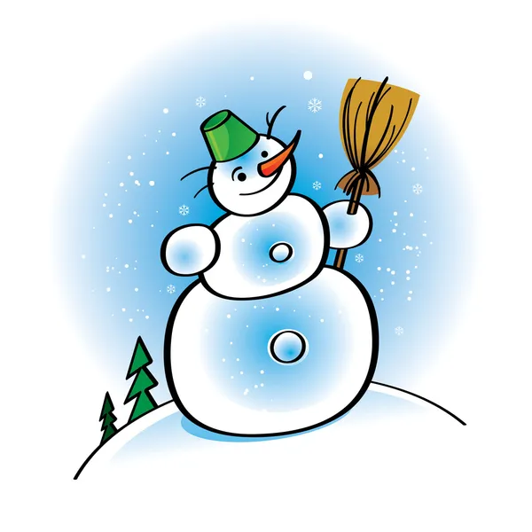 Смешной мультфильм Снеговик с метлой и ведрами хлопьев зимой — стоковый вектор