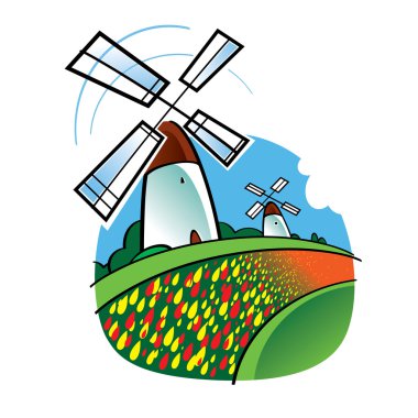 World famous landmark - Dutch Windmills and Tulips Flowers clipart