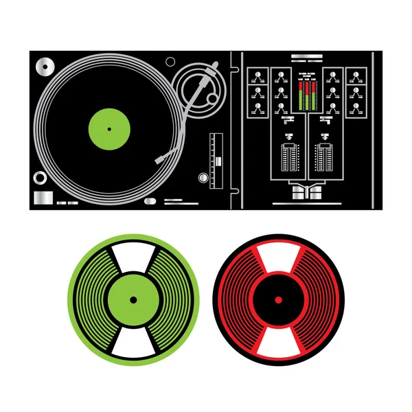 Vector DJ Turntable and Vinyl Records disco music party tune electronic dig — Stock Vector