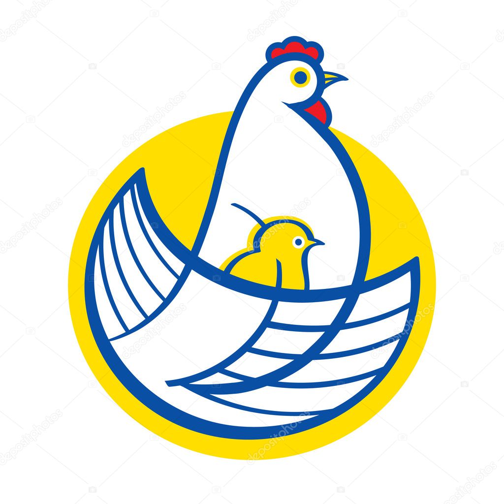 Vector illustration of bird Hen and Chicken logotype domestic farm