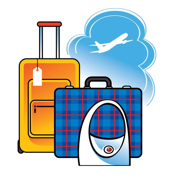 Bagagem mala de viagem aeroporto viagem céu nuvens voo chegada — Vetor de Stock