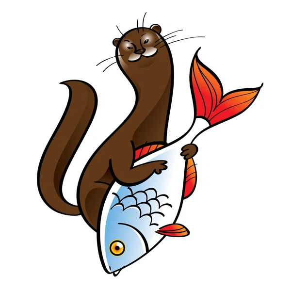 Polecat ermine fur hunter food catch fish cell animal fauna — Stock Vector