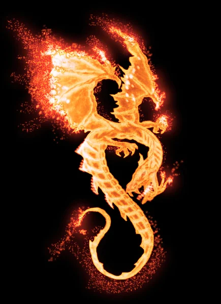 Burning dragon isolated on black — Stock Photo, Image