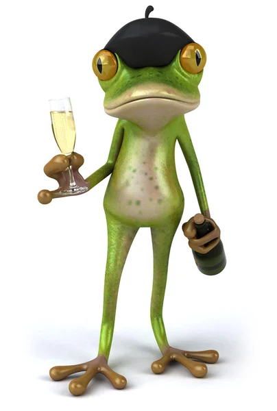 stock image French frog with bottle and glass of champaigne 3d