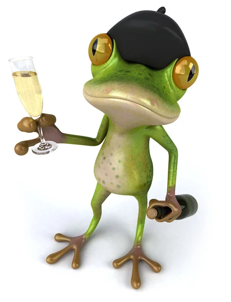 Francouzský žába s láhev a sklenice champaigne 3d — Stock fotografie