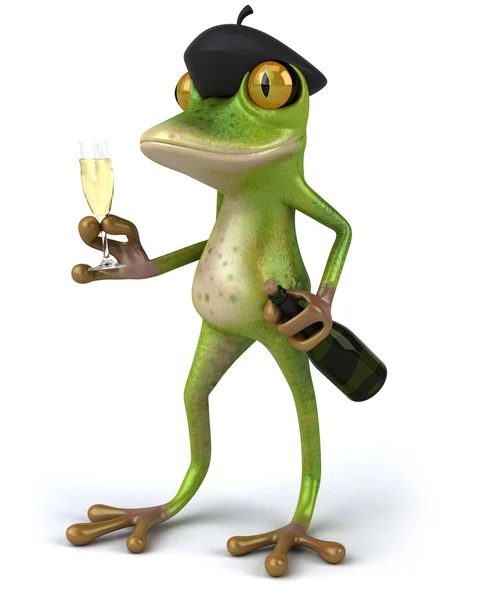 Kurbağa şişe ve bardak şampanya Fransız 3d — Stok fotoğraf