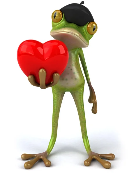 Γαλλικά βάτραχος κρατώντας ένα κόκκινο καρδιά 3d — Φωτογραφία Αρχείου