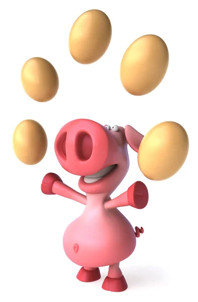 Feliz porco malabarismo ovos 3d — Fotografia de Stock