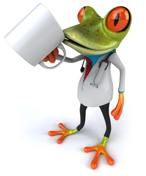 Médico rana con una taza de café 3d — Foto de Stock