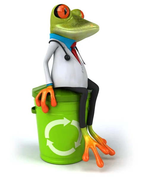 Doktor žába sedící na recyklaci bin 3d — Stock fotografie