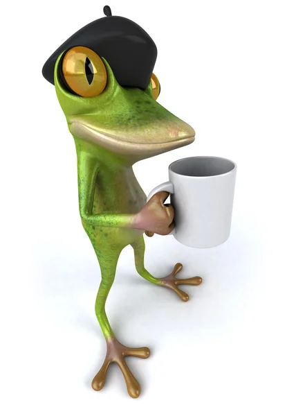 Γαλλικά βάτραχος με έναν καφέ φλιτζάνι 3d — Φωτογραφία Αρχείου