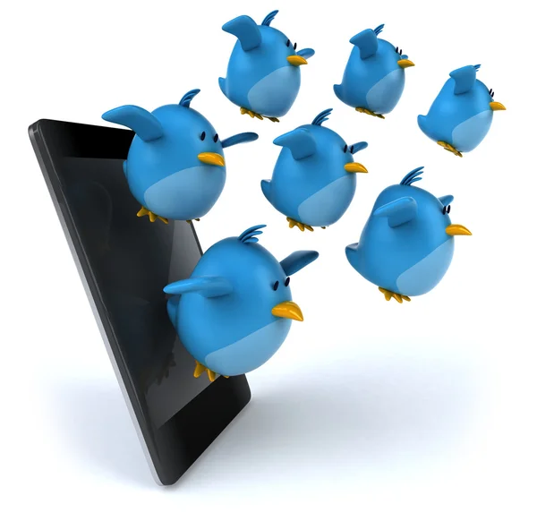 Smartphone and chat with cartoon blue bird — Stock Photo, Image