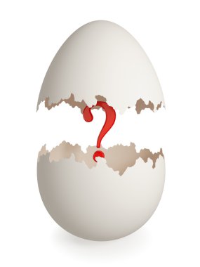 Red question mark inside cracked eggshell. clipart