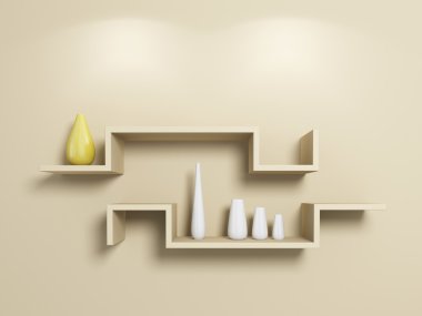 Modeln shelves with white and yellow vases. clipart