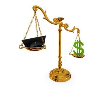 Golden vintage scales with lawyer's hat and dollar sign. clipart