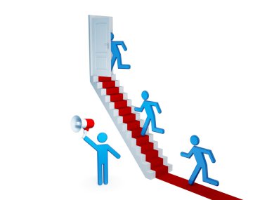 Stairway with a red carpet, opened door and running small clipart