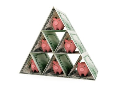 Pyramid made of dollars and pink piggy banks. clipart