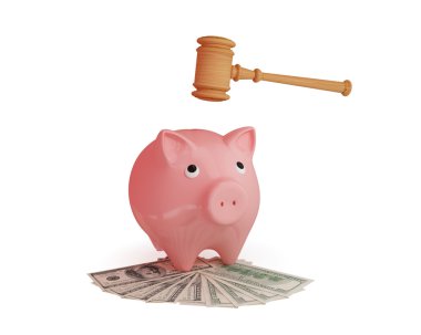 Lawyer's hammer, dollars and pink piggy bank. clipart