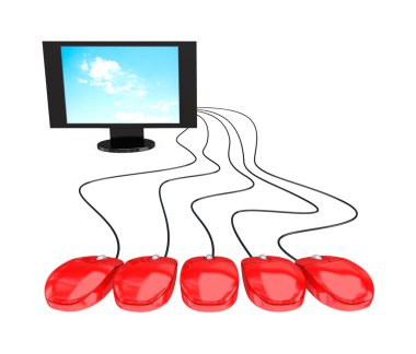 Monitor and five red mouses.