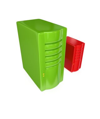 büyük yeşil sunucu pc ve küçük kırmızı server pc.