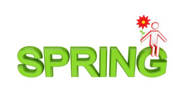 Big word SPRING and 3D small person sitting on it. clipart