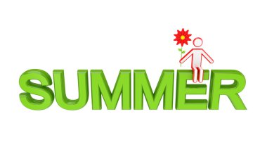 Big word SUMMER and 3D small person sitting on it. clipart